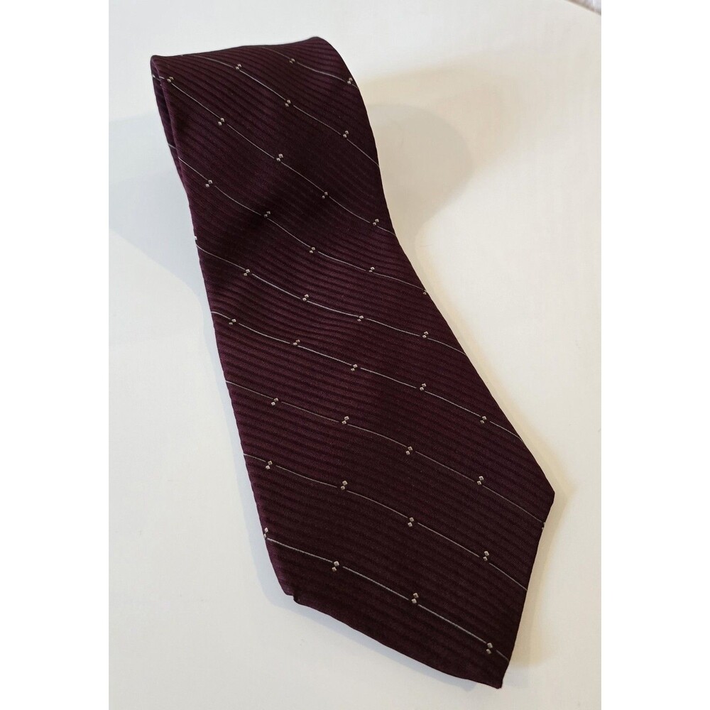 Bill Blass Black Label 100% Silk Necktie | Burgundy Wine Striped Silver Dot |...